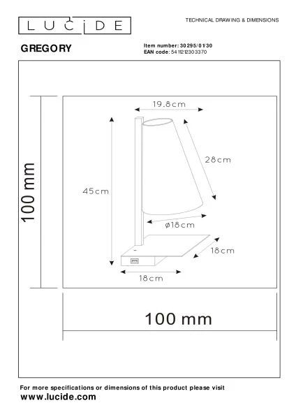 Lucide GREGORY - Lampe de chevet / Applique mural - 1xE27 - Point de rechargement USB - Noir - technique